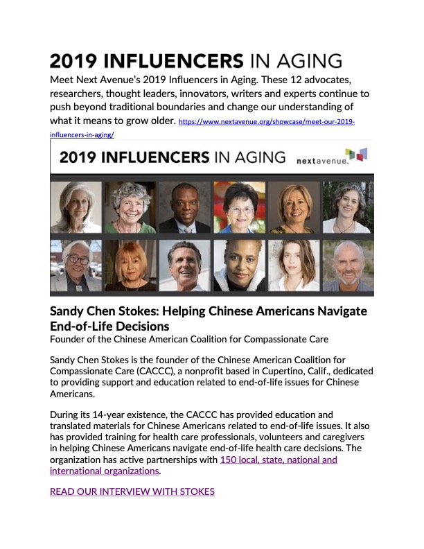 "Sandy Chen Stokes: Helping Chinese Americans Navigate End-of-Life Decisions" (Next Avenue, 9/24/2019)
