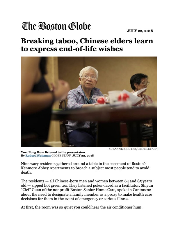 “Breaking taboo, Chinese elders learn to express end-of-life wishes“ (Boston Globe, 7/22/2018)